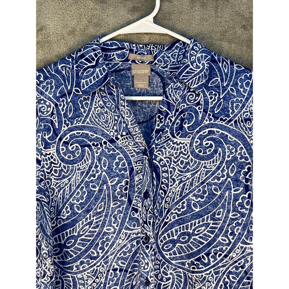 Chico's Linen Blouse Size Medium Blue Paisley 3/4 Sleeve Vacation Preppy - Picture 2 of 6